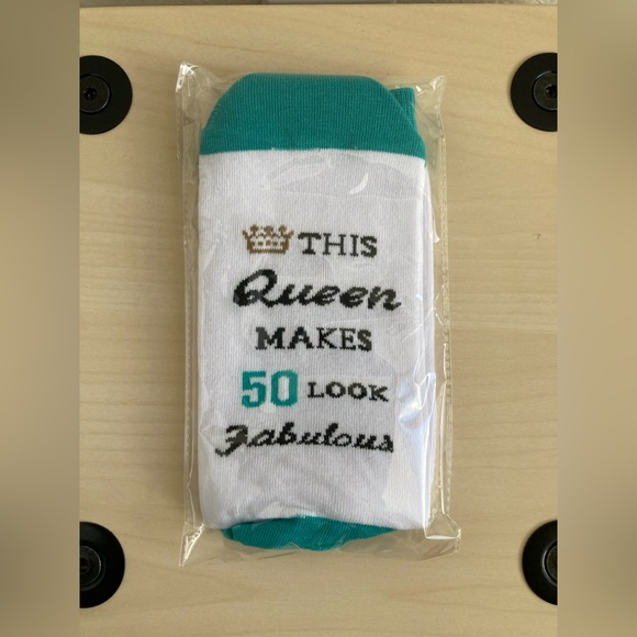 Accessories - Novelty 50th Birthday Queen Themed White and Teal Socks